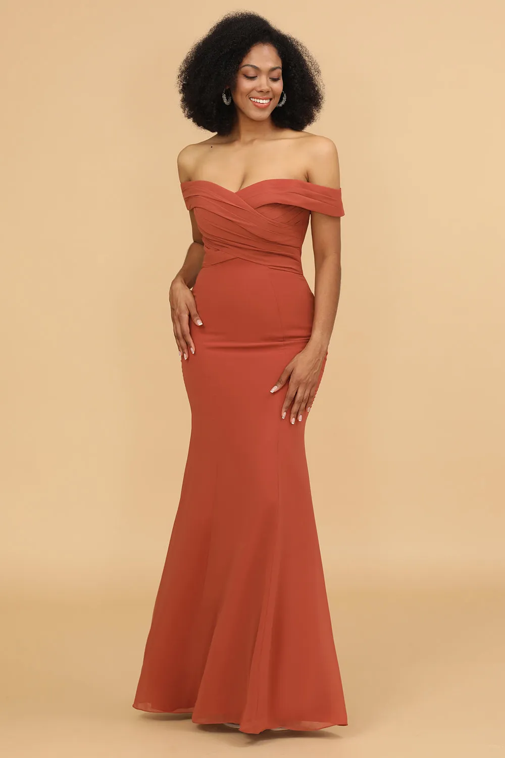 Off the Shoulder Mermaid Ruched Chiffon Bridesmaid Dress sold by Wedtrend