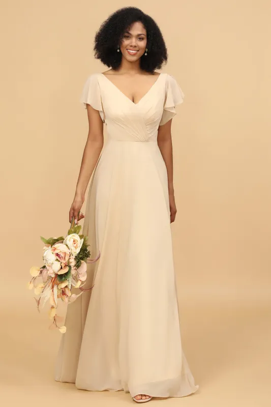 V-Neck Cape Long Floor Length Chiffon Bridesmaid Dress made by Wedtrend