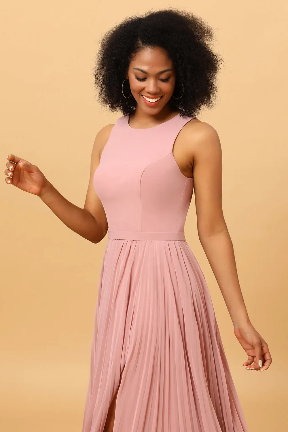 Dusty Rose A Line High Neck Pleated Long Chiffon Bridesmaid Dress sold by Wedtrend product image thumbnail 5