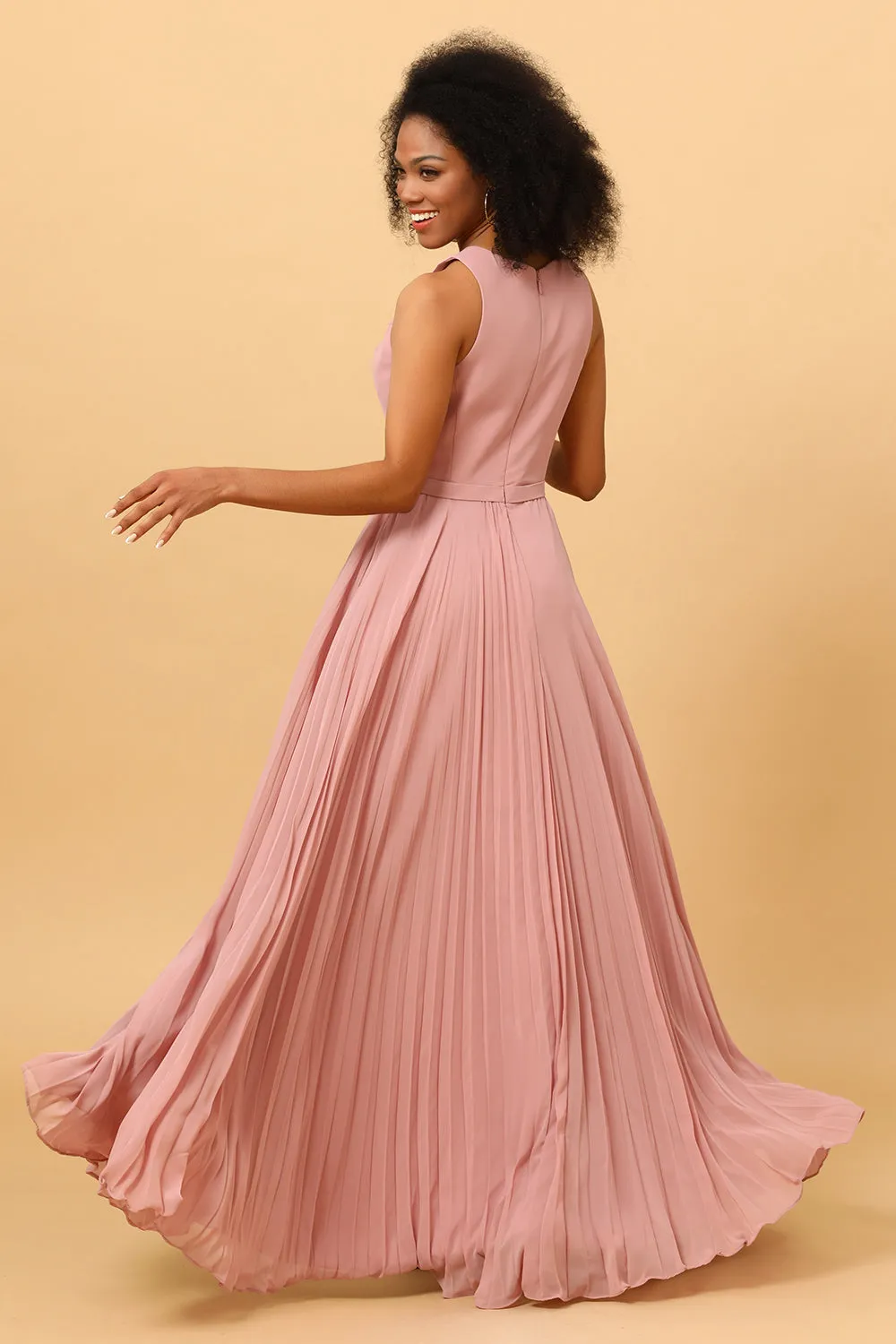 Dusty Rose A Line High Neck Pleated Long Chiffon Bridesmaid Dress sold by Wedtrend product image thumbnail 2