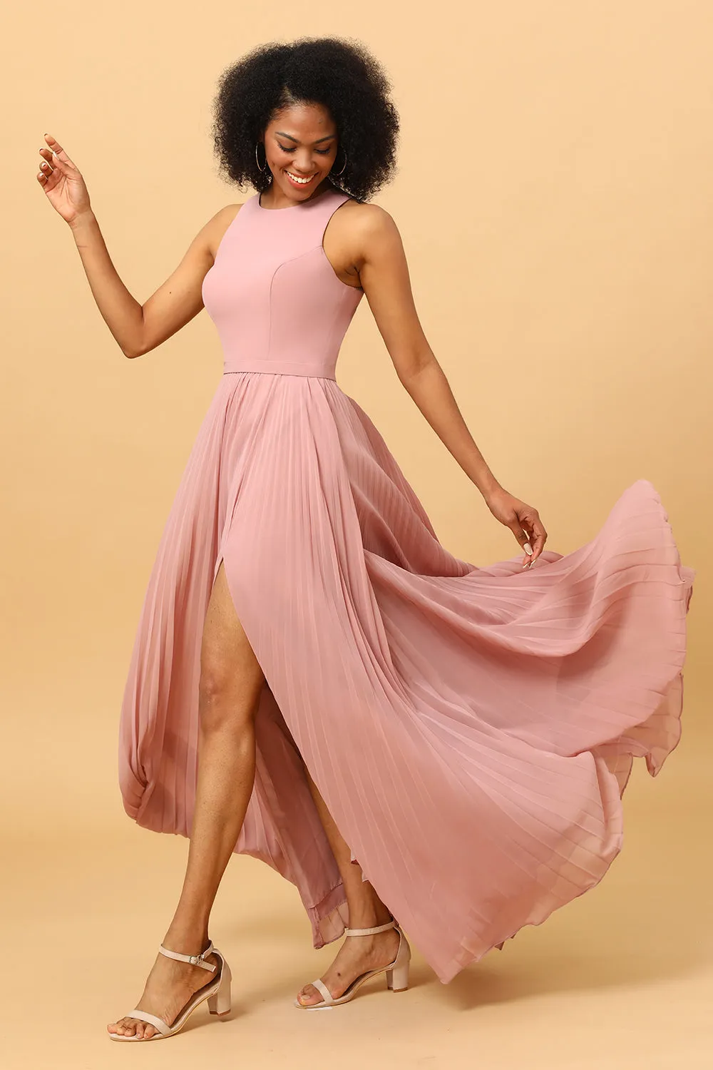 Dusty Rose A Line High Neck Pleated Long Chiffon Bridesmaid Dress sold by Wedtrend product image thumbnail 3