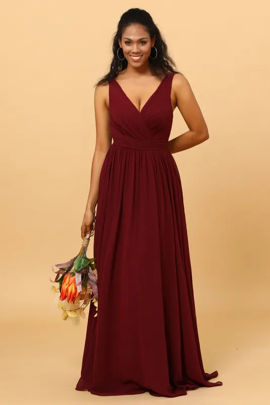 Cabernet A Line V Neck Pleated Floor Length Long Chiffon Bridesmaid Dress sold by Wedtrend