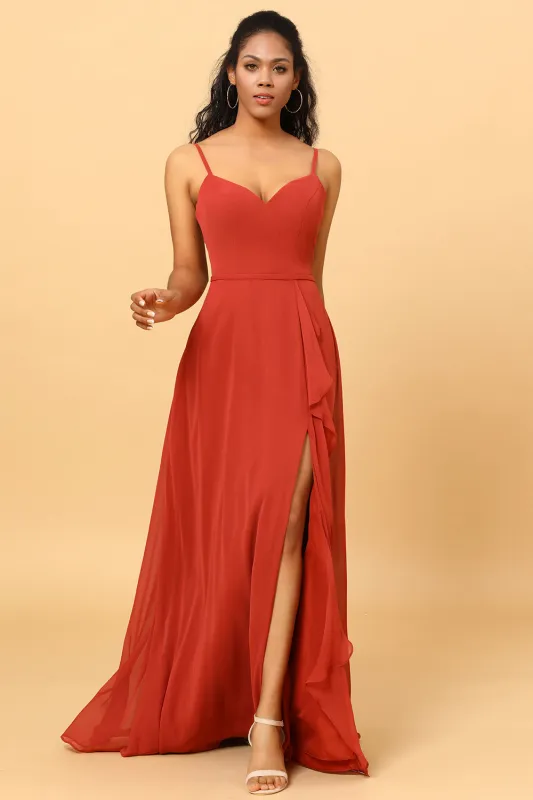 Terracotta A Line Sweetheart Long Chiffon Bridesmaid Dress With Ruffle made by Wedtrend