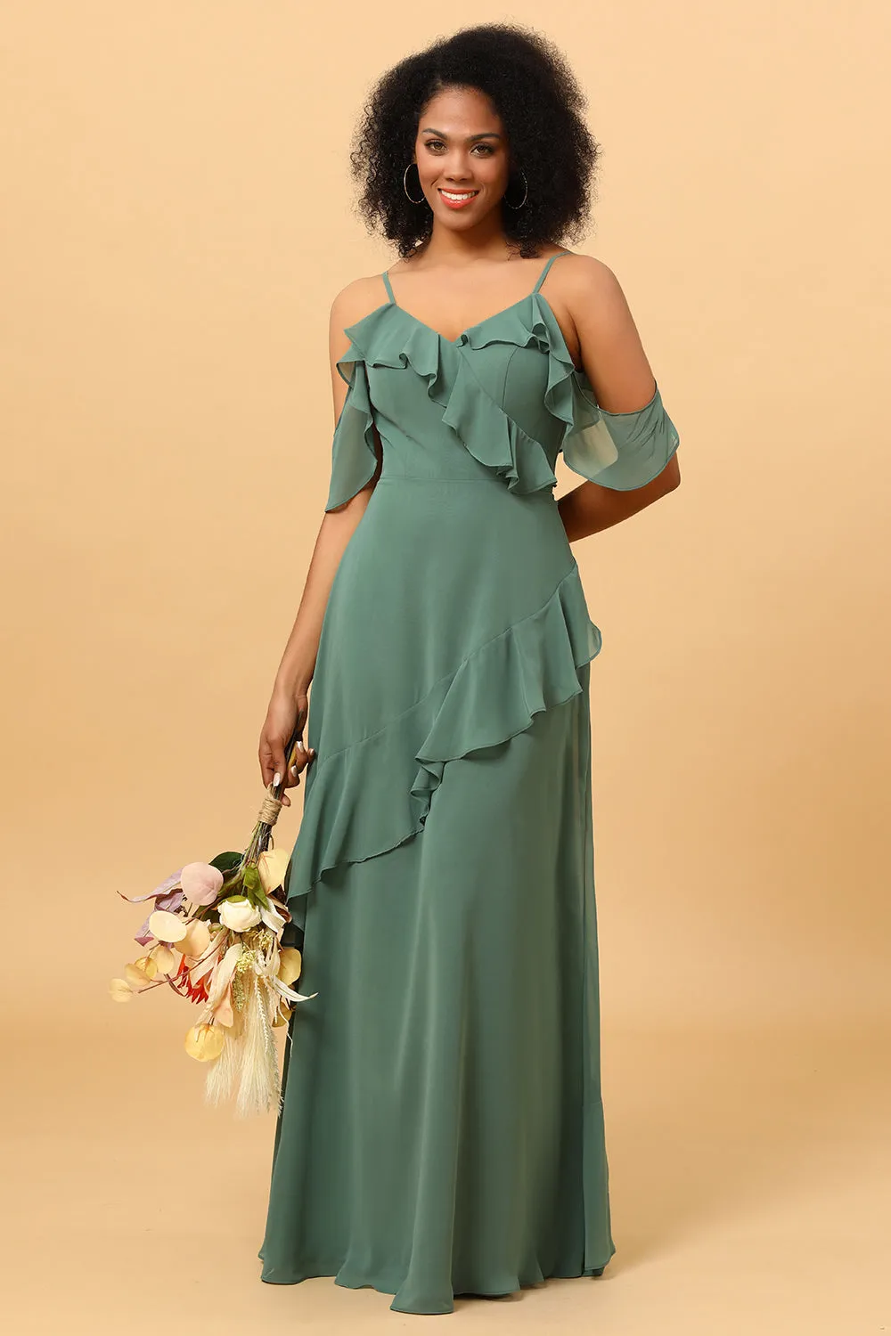 Eucalyptus Spaghetti Straps Long Chiffon Bridesmaid Dress with Ruffles sold by Wedtrend product image thumbnail 5