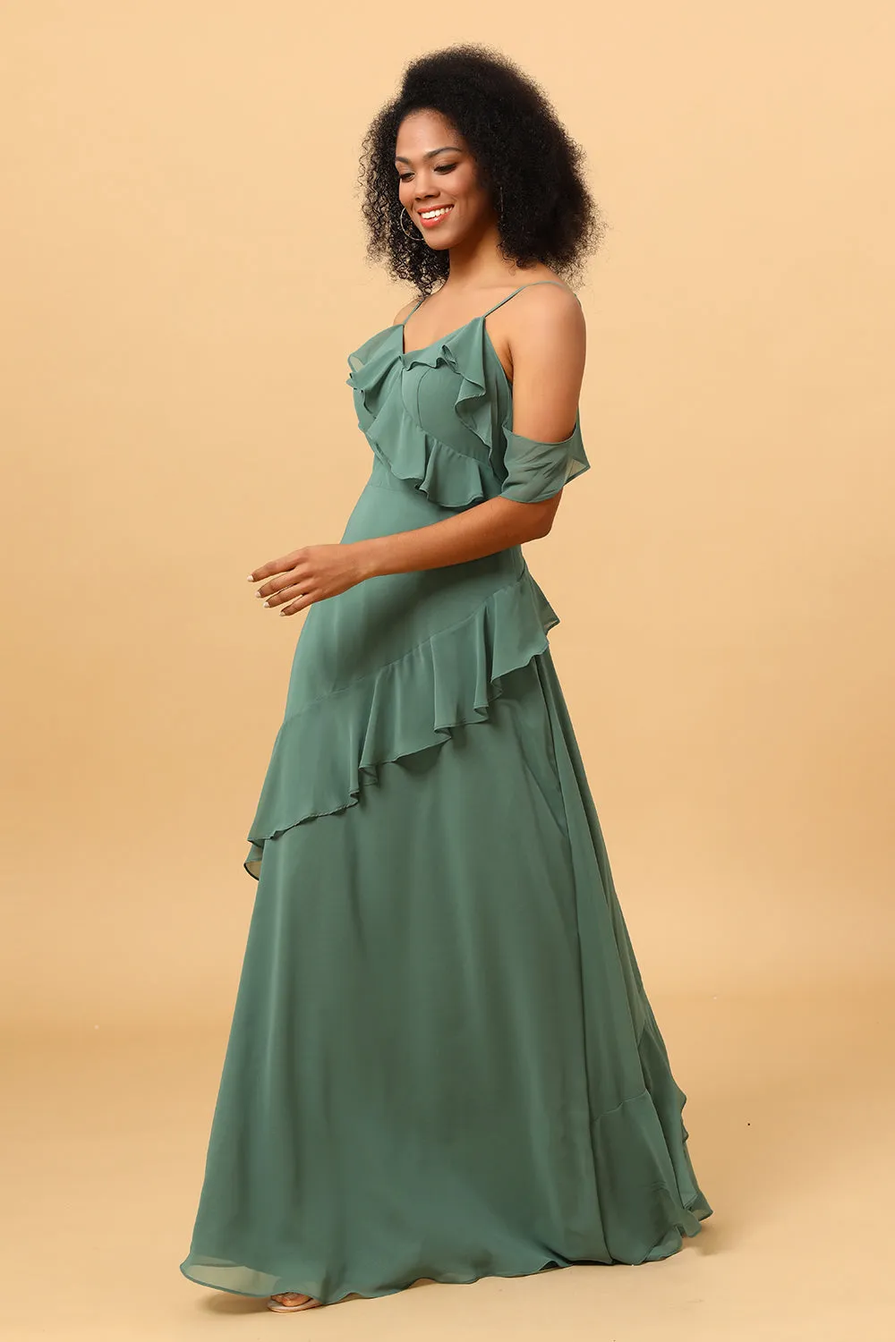 Eucalyptus Spaghetti Straps Long Chiffon Bridesmaid Dress with Ruffles sold by Wedtrend product image thumbnail 3