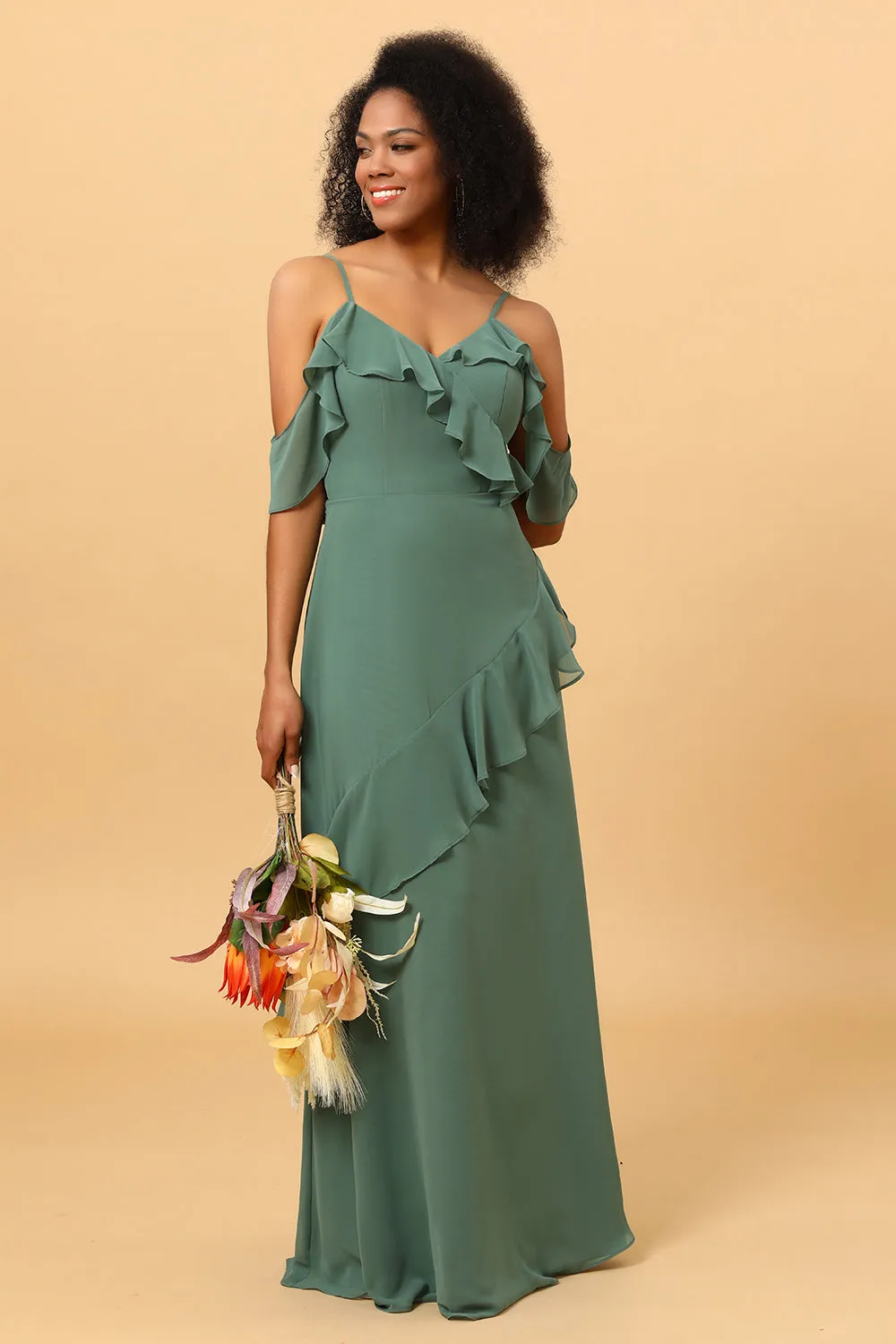 Eucalyptus Spaghetti Straps Long Chiffon Bridesmaid Dress with Ruffles sold by Wedtrend product image thumbnail 4