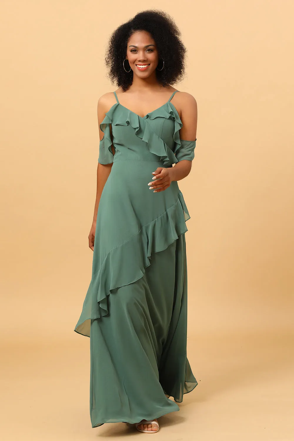 Eucalyptus Spaghetti Straps Long Chiffon Bridesmaid Dress with Ruffles sold by Wedtrend