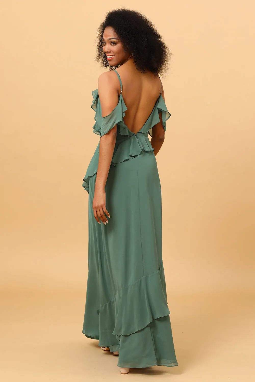 Eucalyptus Spaghetti Straps Long Chiffon Bridesmaid Dress with Ruffles sold by Wedtrend product image thumbnail 2