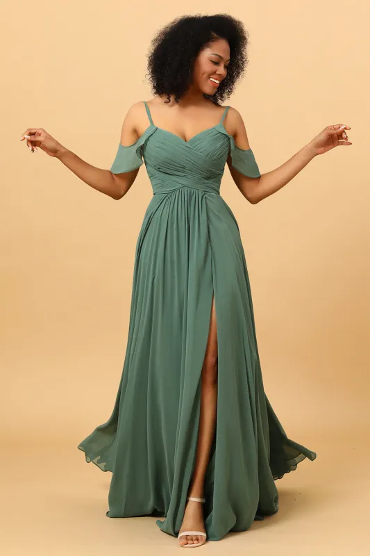 Eucalyptus A Line Spaghetti Straps Long Chiffon Bridesmaid Dress With Slit made by Wedtrend