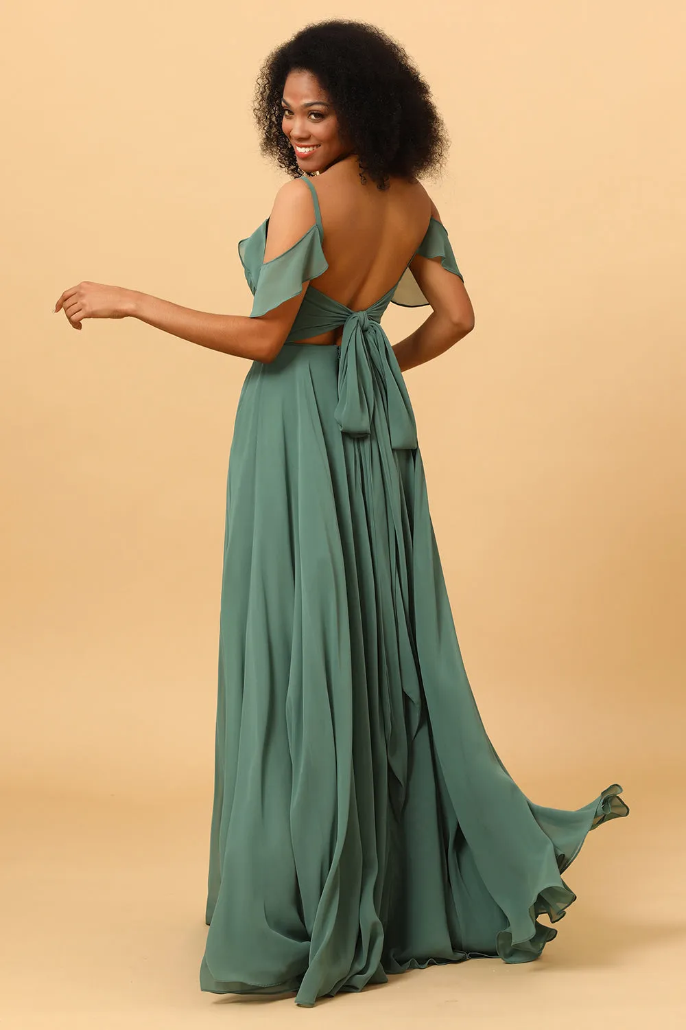 Eucalyptus A Line Spaghetti Straps Long Chiffon Bridesmaid Dress With Slit sold by Wedtrend product image thumbnail 2