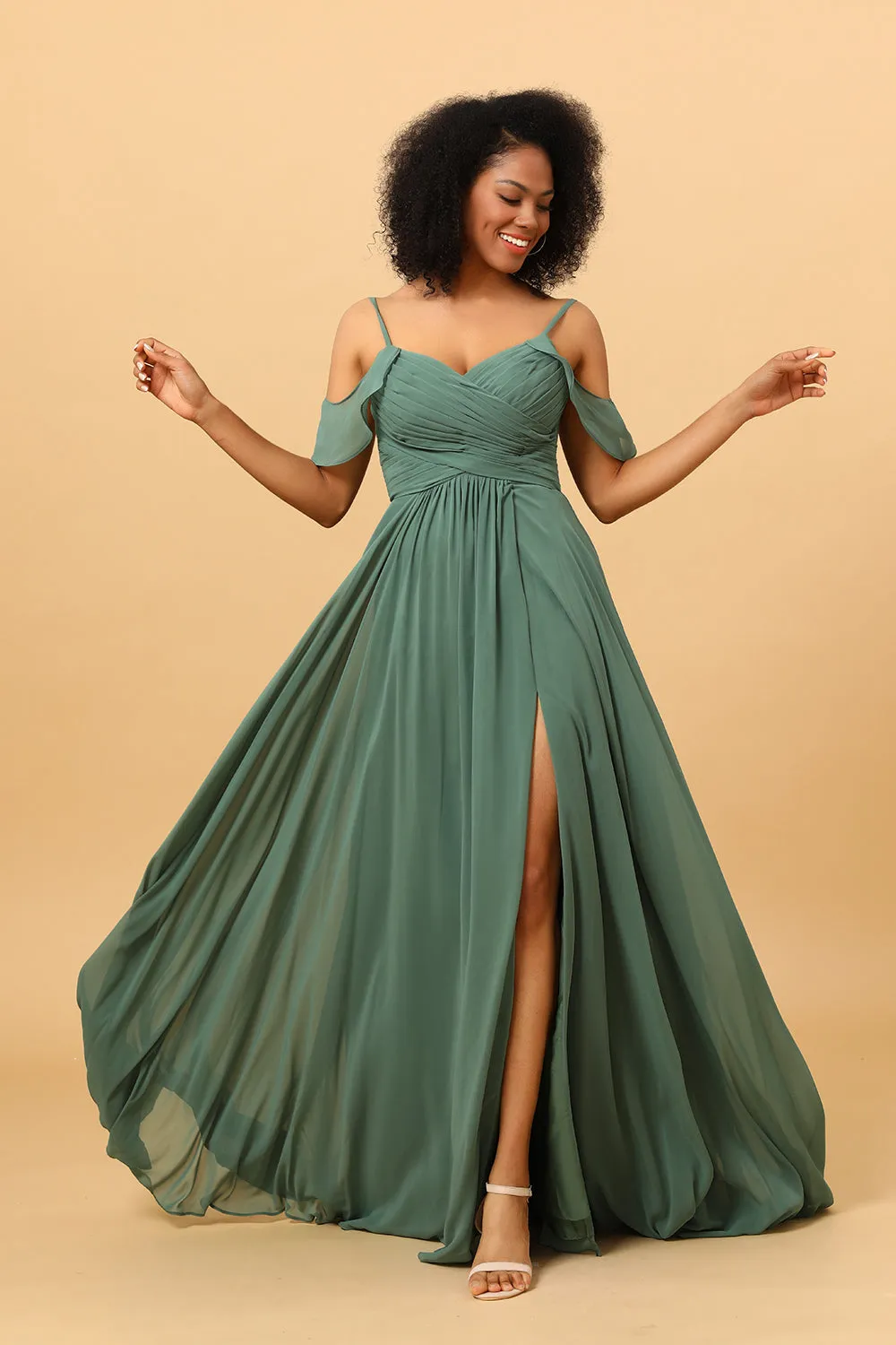 Eucalyptus A Line Spaghetti Straps Long Chiffon Bridesmaid Dress With Slit sold by Wedtrend product image thumbnail 3