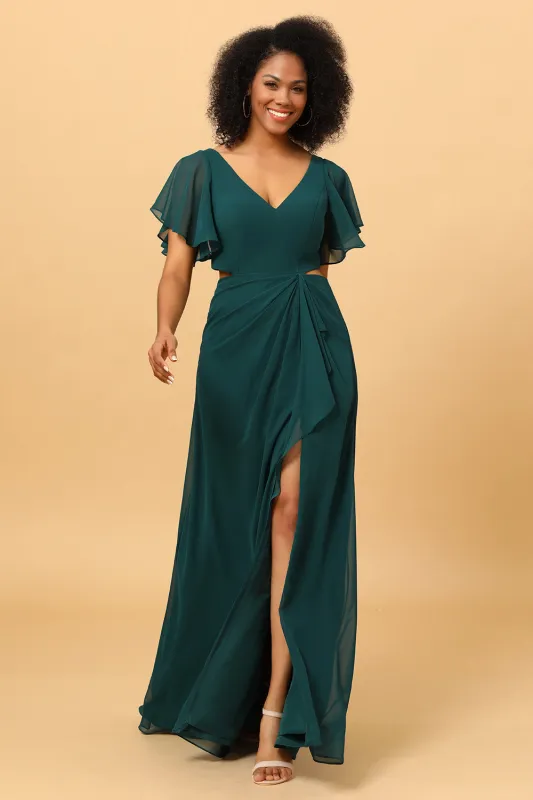 Pine V Neck Short Sleeves Long Chiffon Bridesmaid Dress made by Wedtrend