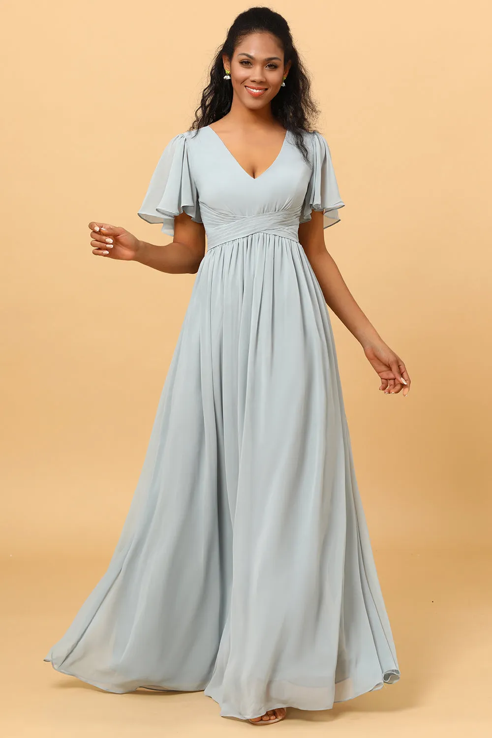Dusty Blue A Line V Neck Short Sleeves Long Chiffon Bridesmaid Dress sold by Wedtrend product image thumbnail 4