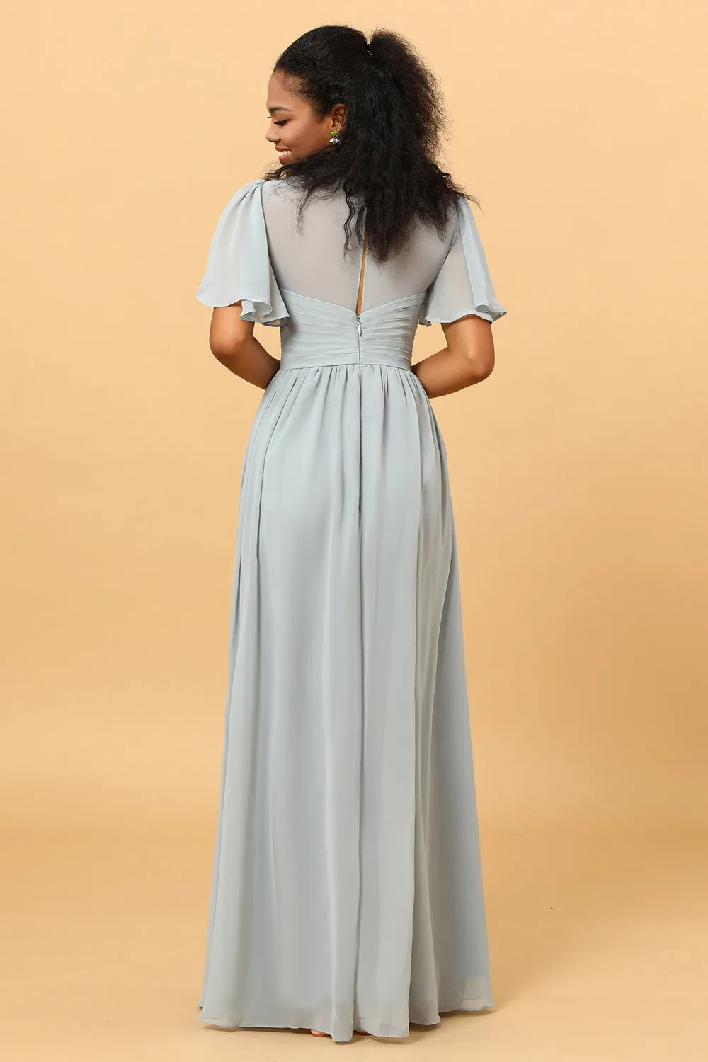 Dusty Blue A Line V Neck Short Sleeves Long Chiffon Bridesmaid Dress sold by Wedtrend product image thumbnail 2