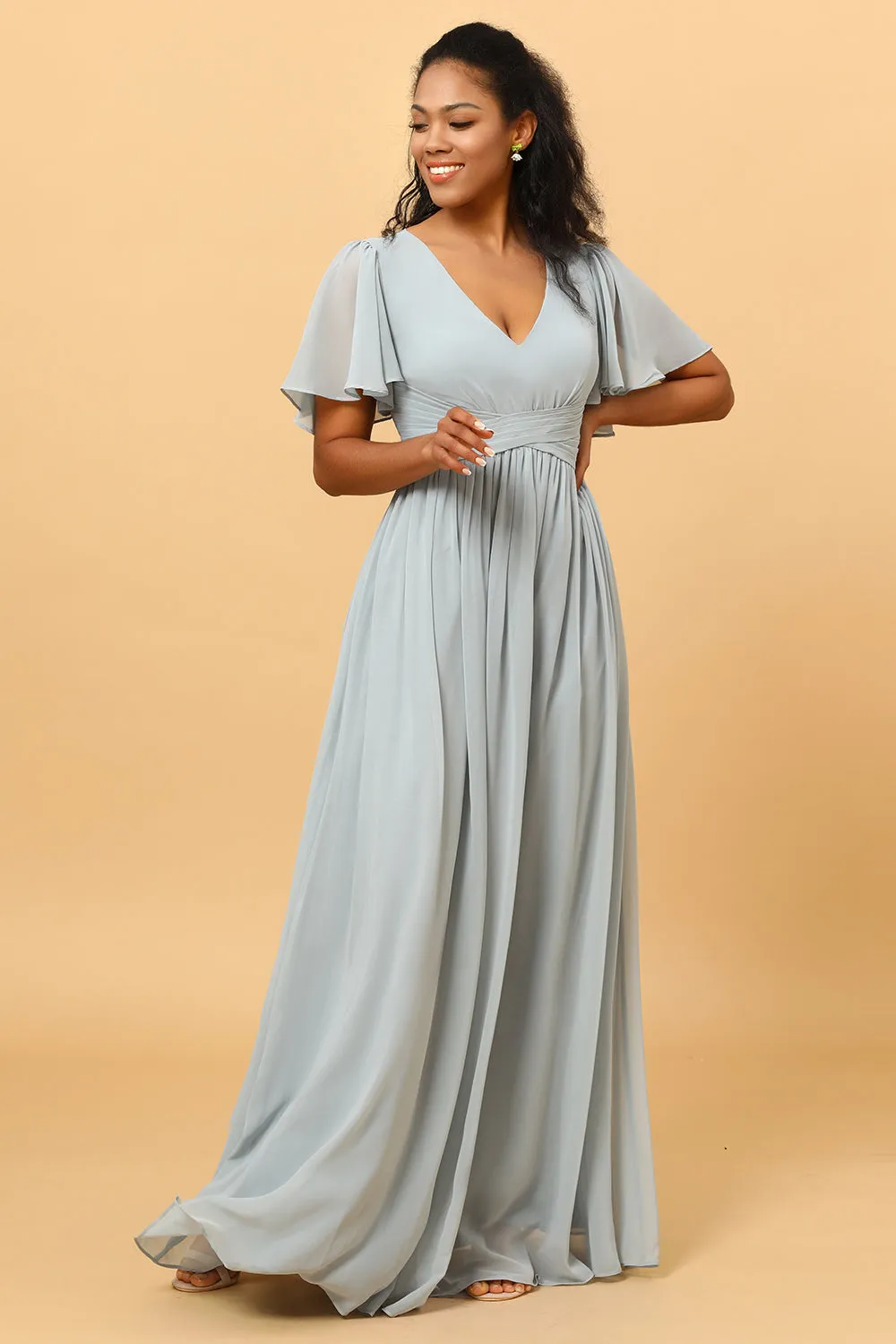 Dusty Blue A Line V Neck Short Sleeves Long Chiffon Bridesmaid Dress sold by Wedtrend product image thumbnail 3