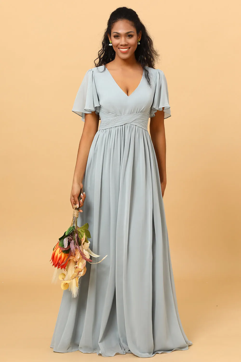 Dusty Blue A Line V Neck Short Sleeves Long Chiffon Bridesmaid Dress sold by Wedtrend