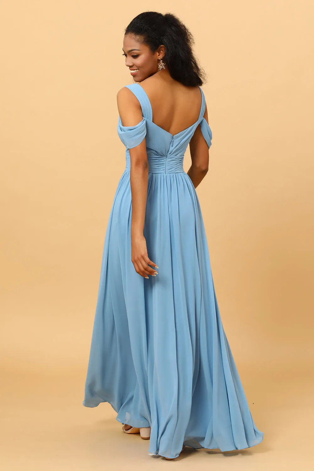 Steel Blue A Line V Neck Cold Shoulder Chiffon Bridesmaid Dress sold by Wedtrend product image thumbnail 2