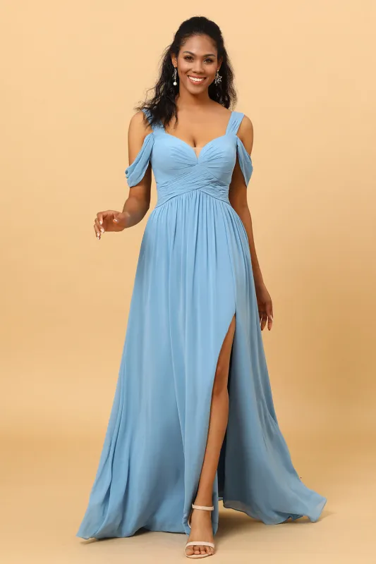 Steel Blue A Line V Neck Cold Shoulder Chiffon Bridesmaid Dress made by Wedtrend
