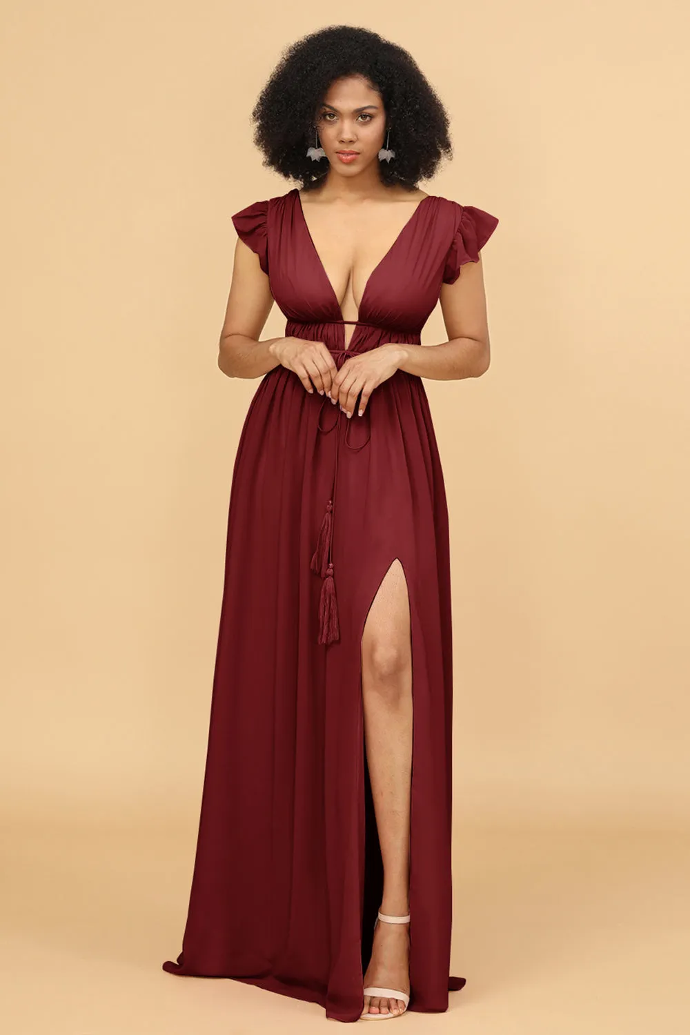 A Line Deep V-Neck Long Chiffon Bridesmaid Dress with Slit sold by Wedtrend product image thumbnail 4