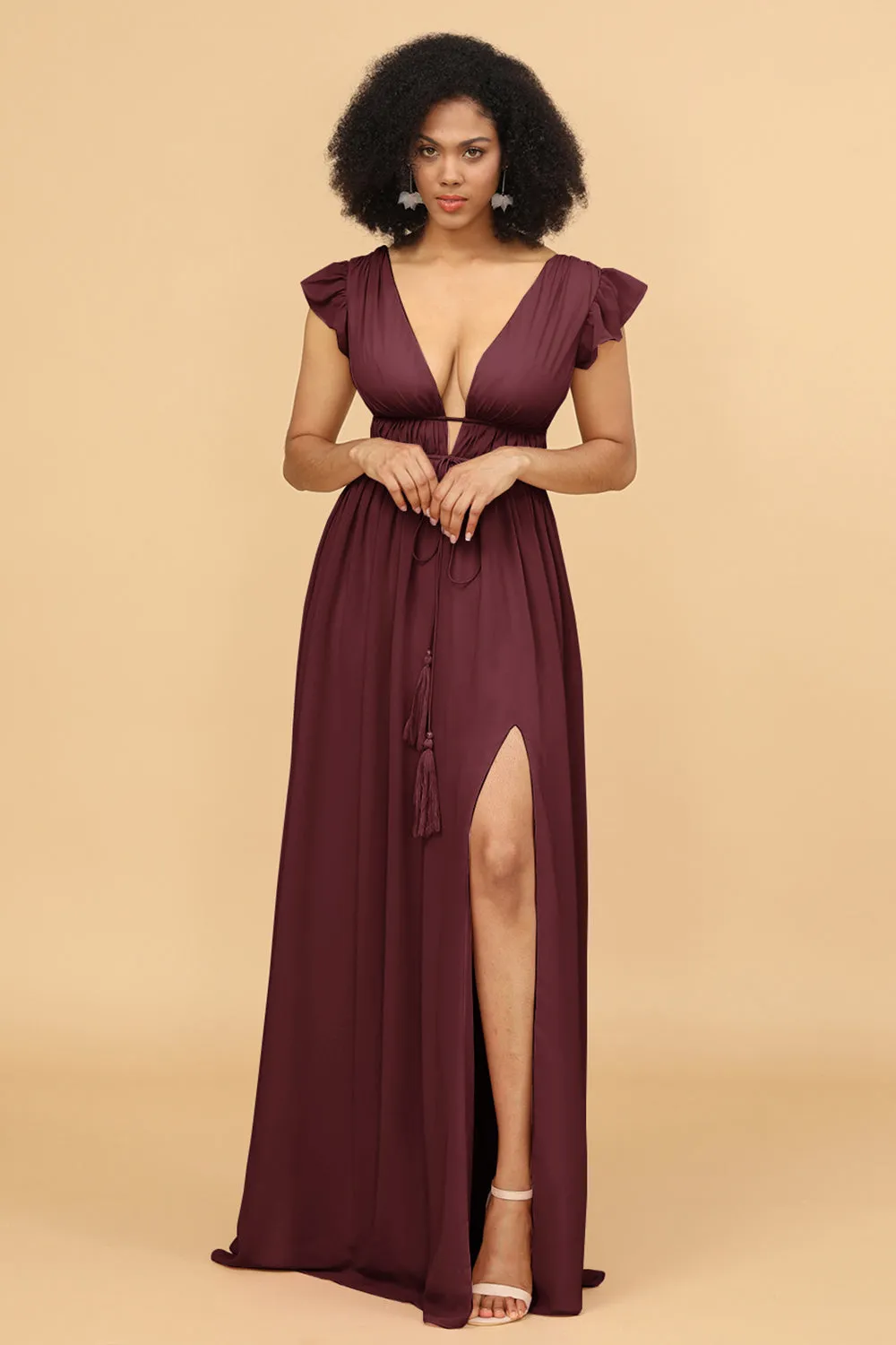 A Line Deep V-Neck Long Chiffon Bridesmaid Dress with Slit sold by Wedtrend product image thumbnail 5