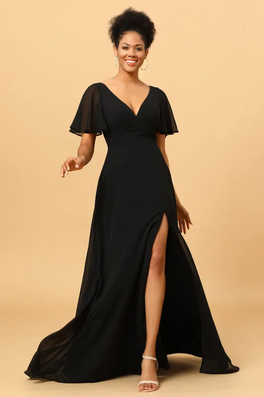 Black A Line V-Neck Long Chiffon Floor Length Dress with Slit made by Wedtrend