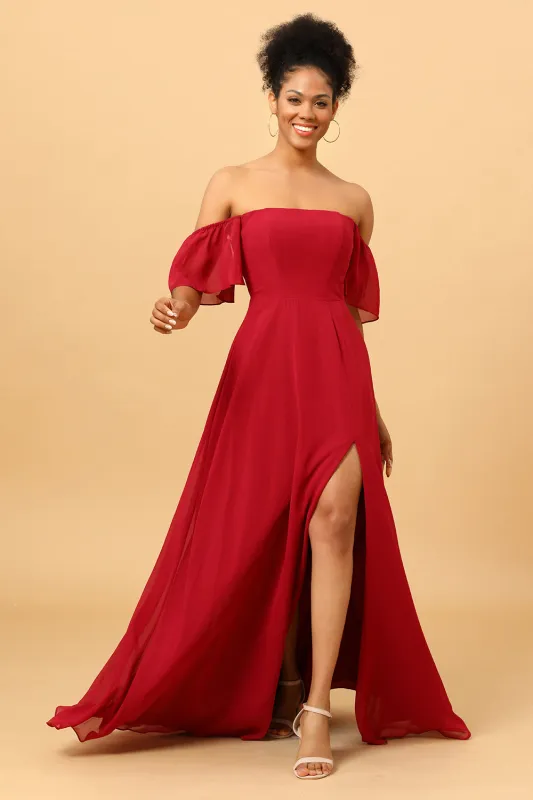 Burgundy off the Shoulder Long Chiffon Bridesmaid Dress with Slit made by Wedtrend