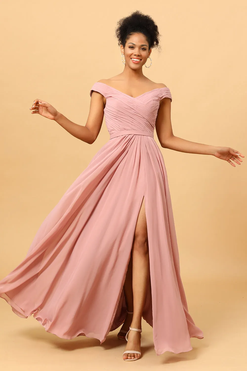 Dusty Rose Ruched Long Chiffon Bridesmaid Dress with Slit sold by Wedtrend product image thumbnail 3