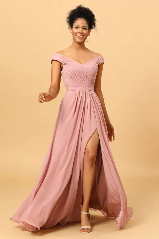 Dusty Rose Ruched Long Chiffon Bridesmaid Dress with Slit made by Wedtrend