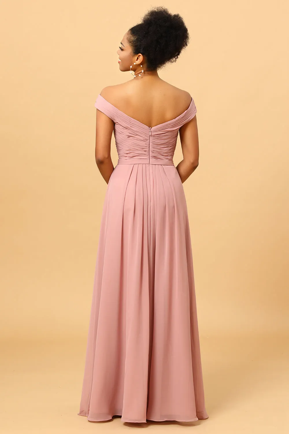 Dusty Rose Ruched Long Chiffon Bridesmaid Dress with Slit sold by Wedtrend product image thumbnail 2