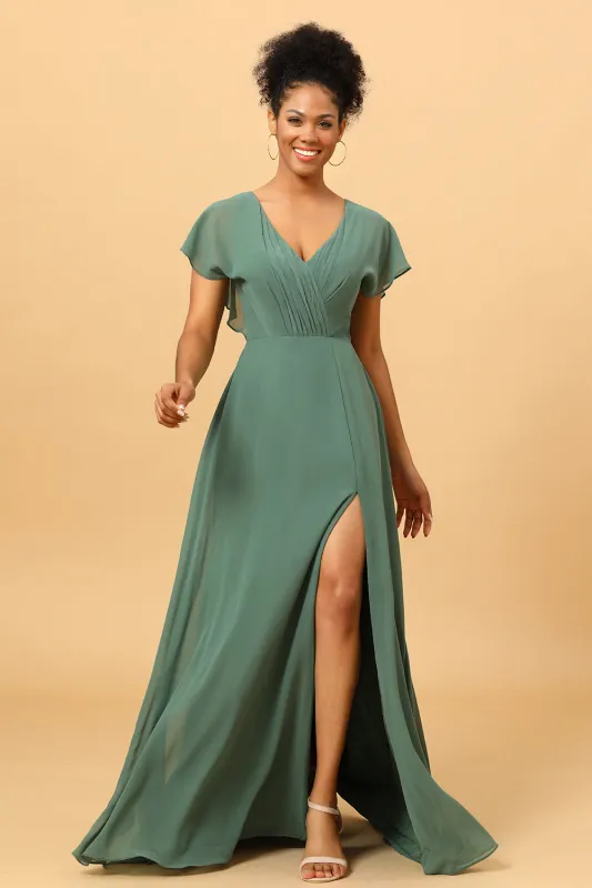 Eucalyptus A Line V-Neck Ruched Long Chiffon Bridesmaid Dress with Slit sold by Wedtrend