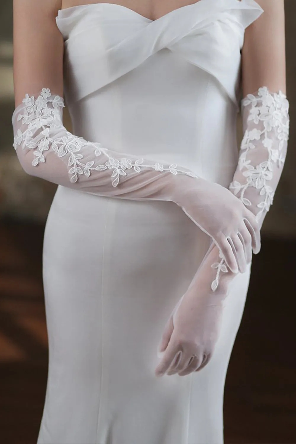 Elegant White Lace Long Wedding Gloves sold by Wedtrend
