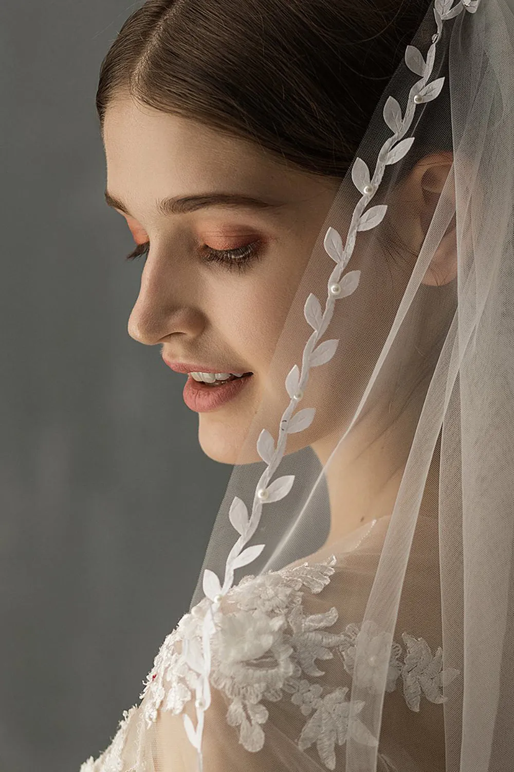 White One-Tier Tulle Fingertip Bridal Party Veil with Appliques sold by Wedtrend product image thumbnail 4