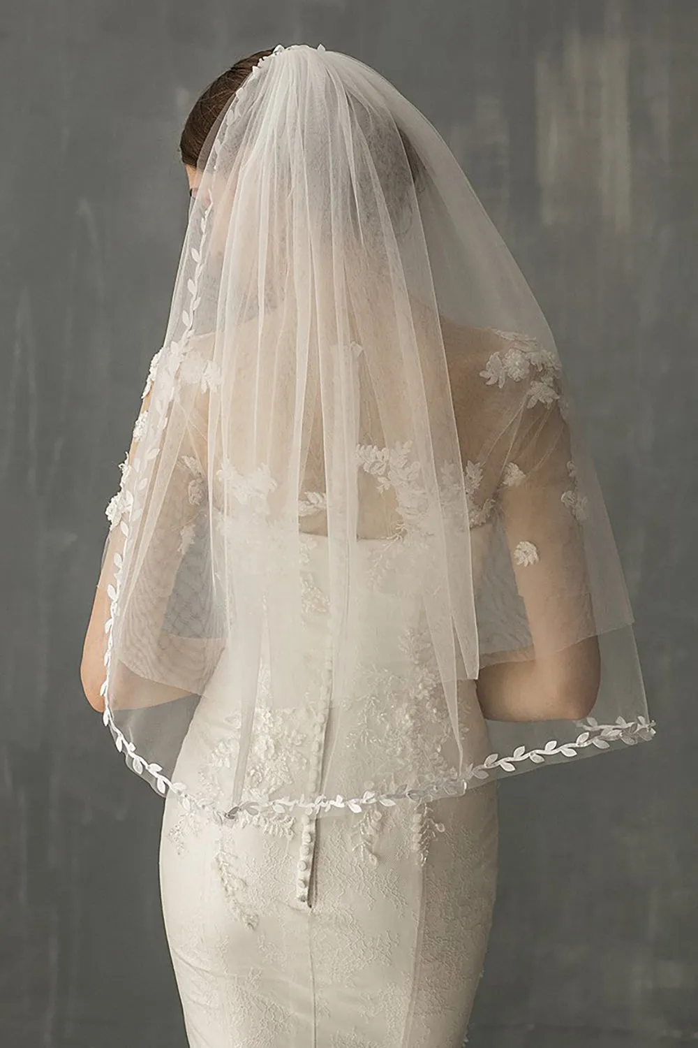 White One-Tier Tulle Fingertip Bridal Party Veil with Appliques sold by Wedtrend product image thumbnail 3