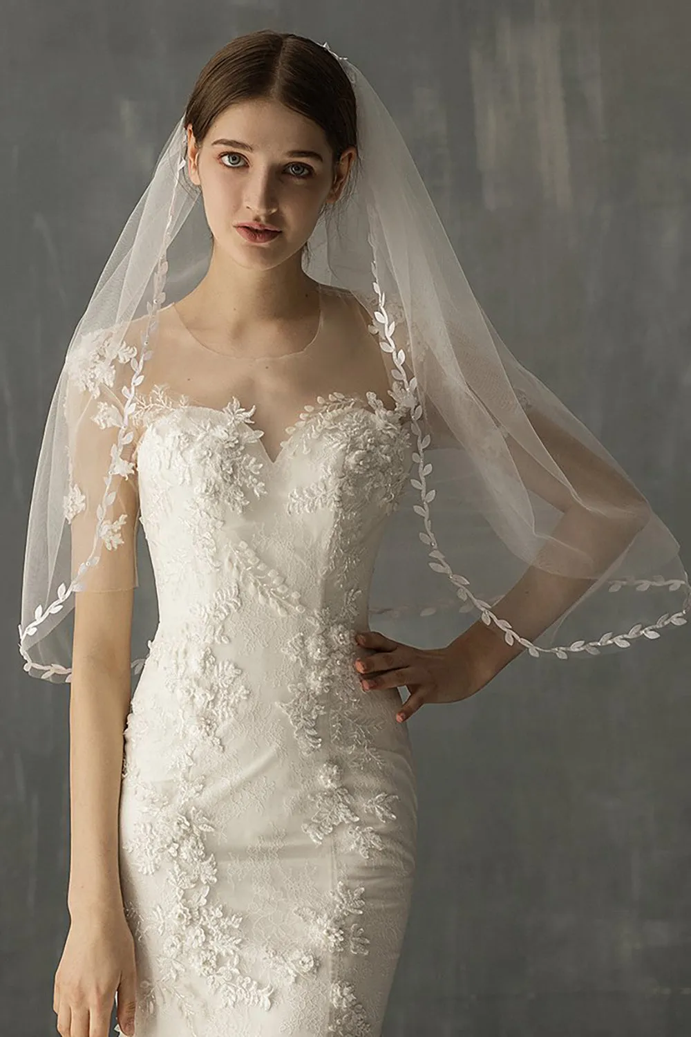 White One-Tier Tulle Fingertip Bridal Party Veil with Appliques sold by Wedtrend product image thumbnail 2