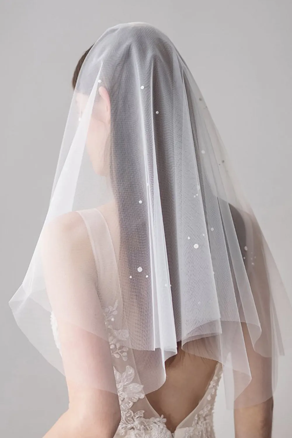 White Two-Tier Short Tulle Bridal Veil With Pearls sold by Wedtrend product image thumbnail 2