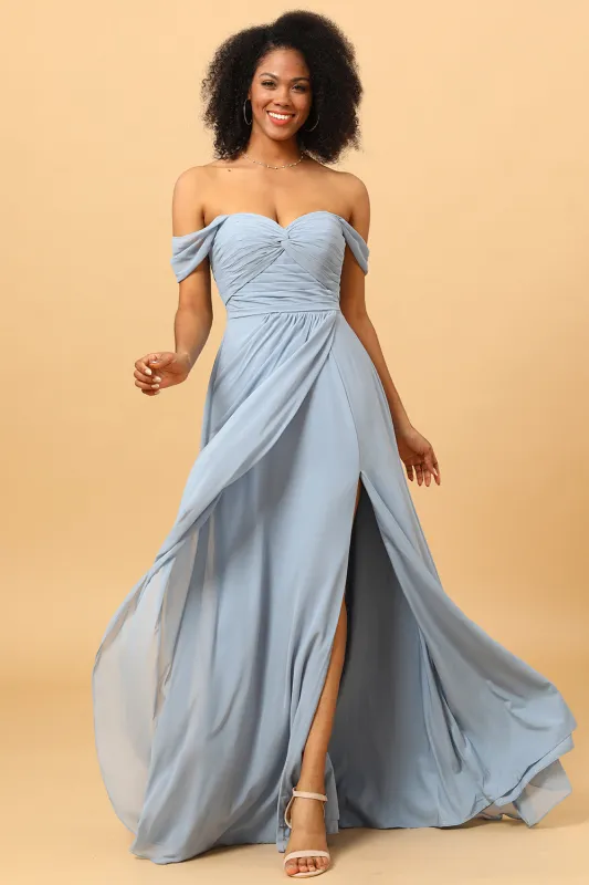 Dusty Blue A Line Off the Shoulder Chiffon Bridesmaid Dress with Slit sold by Wedtrend