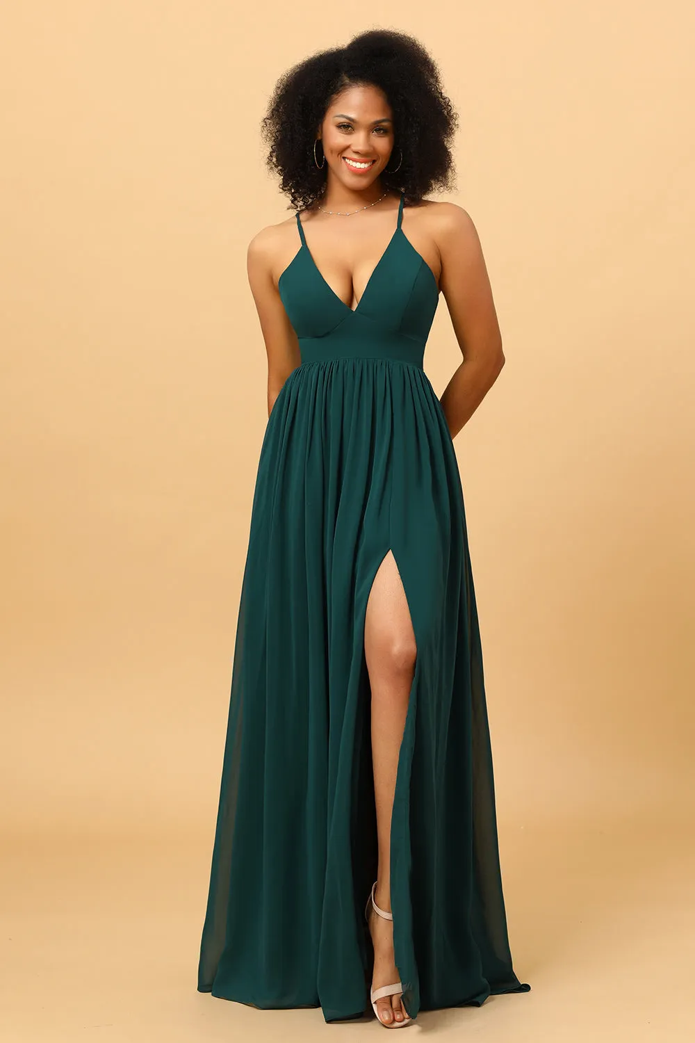 Pine A Line Lace-Up Back Chiffon Bridesmaid Dress with Slit sold by Wedtrend