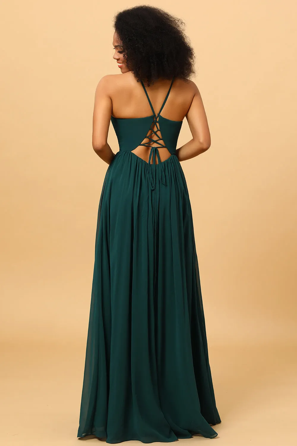 Pine A Line Lace-Up Back Chiffon Bridesmaid Dress with Slit sold by Wedtrend product image thumbnail 2