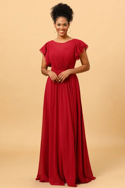 Burgundy Ruched Long Chiffon Bridesmaid Dress with Ruffles made by Wedtrend
