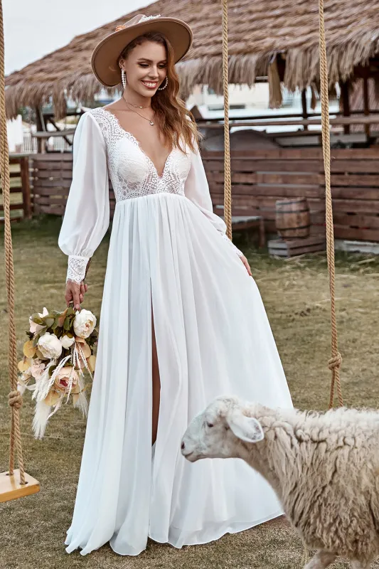 Ivory Deep V-Neck Lace Chiffon Boho Wedding Dress With Long Sleeves sold by Wedtrend