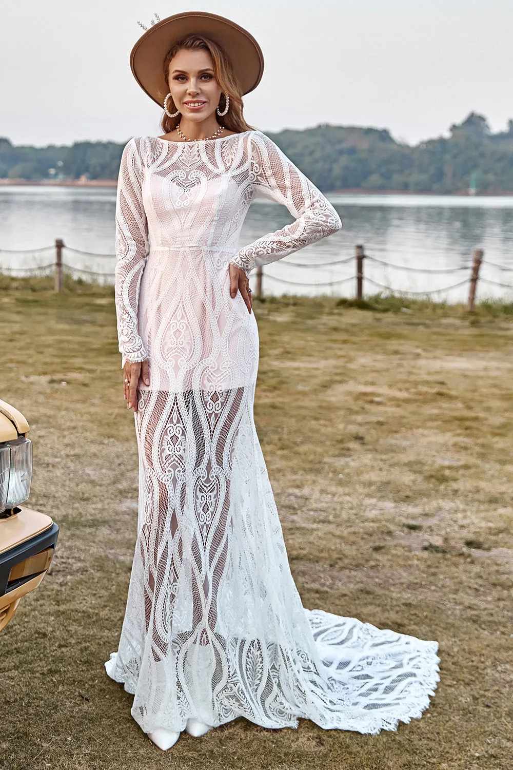 Ivory Mermaid Long Sleeves Lace Boho Wedding Dress With Sweep Train sold by Wedtrend