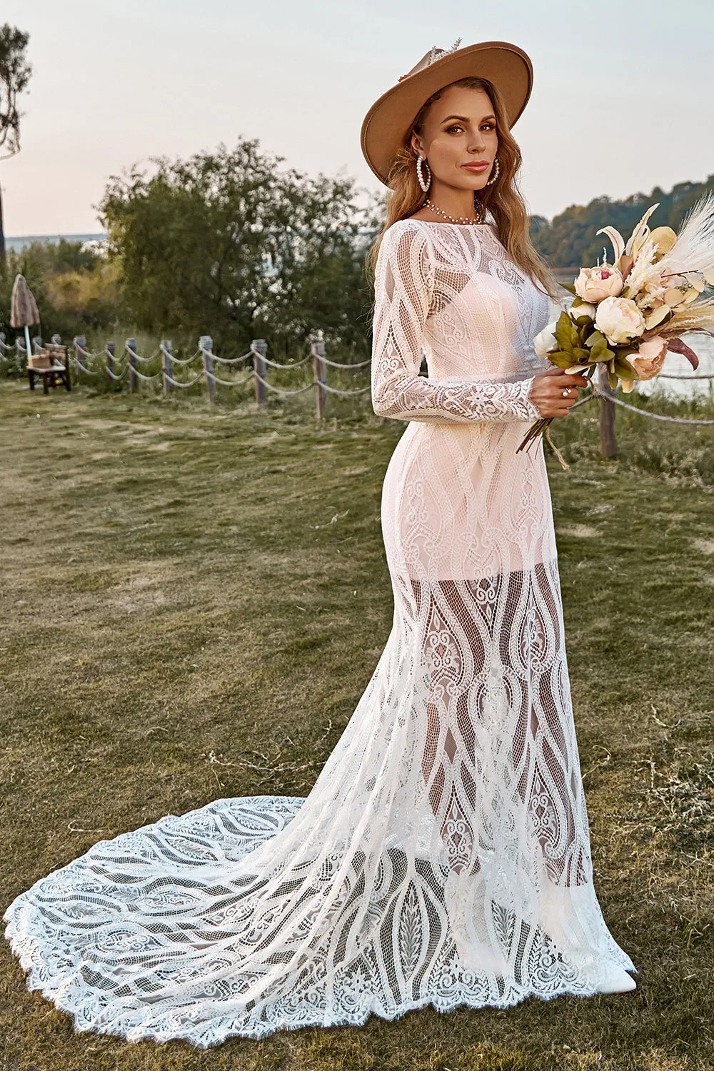 Ivory Mermaid Long Sleeves Lace Boho Wedding Dress With Sweep Train sold by Wedtrend product image thumbnail 5
