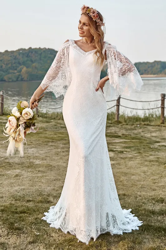 Ivory Mermaid V-Neck Sweep Train Cold Shoulder Lace Boho Wedding Dress sold by Wedtrend