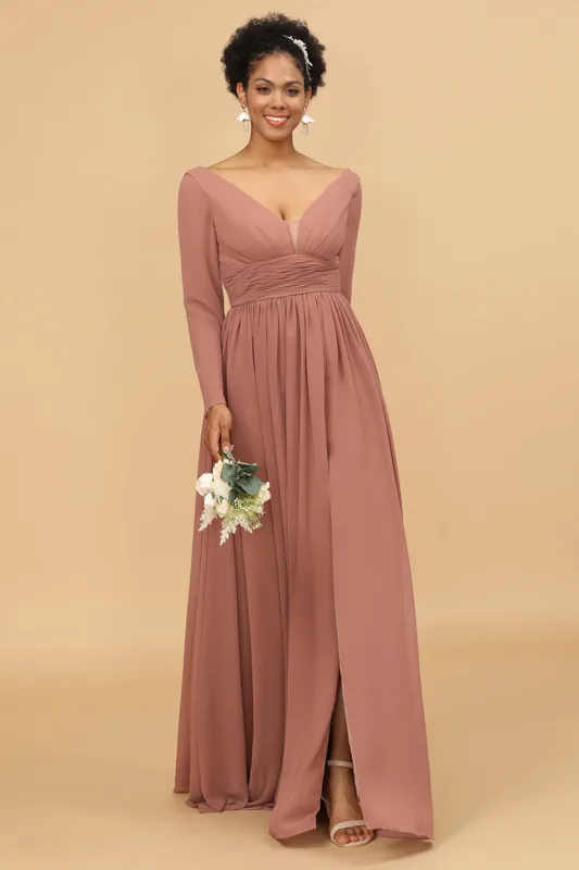 Blush V-Neck Long Sleeves Chiffon Bridesmaid Dress with Slit sold by Wedtrend