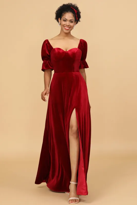 Burgundy Flare Sleeves Velvet Bridesmaid Dress with Slit sold by Wedtrend