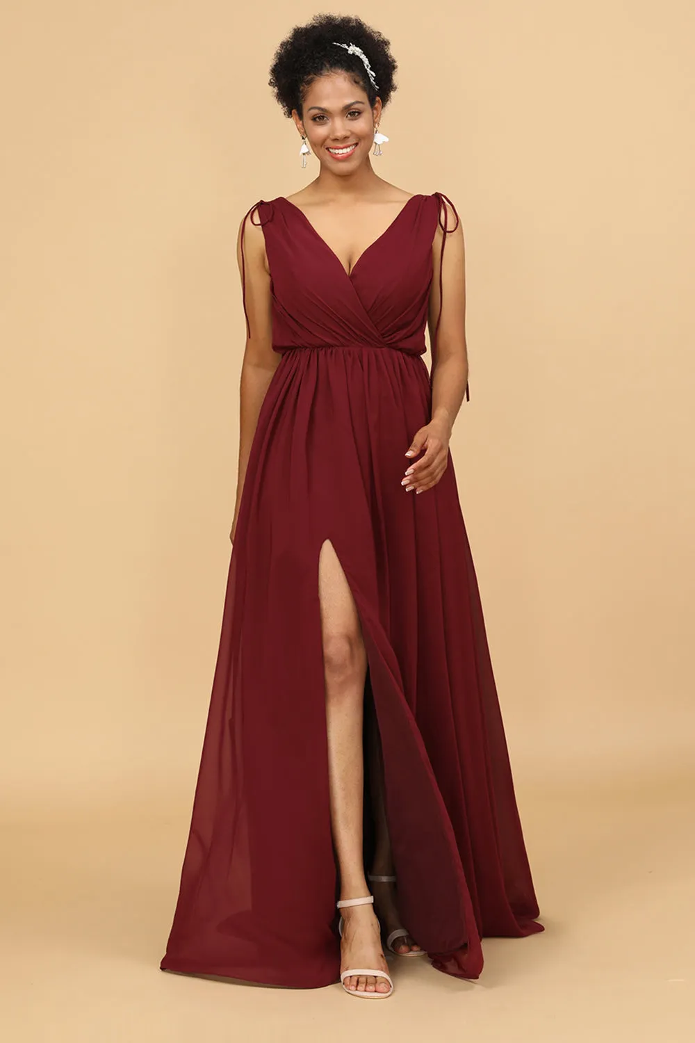 Burgundy V-Neck Ruched Long Chiffon Bridesmaid Dress sold by Wedtrend product image thumbnail 4