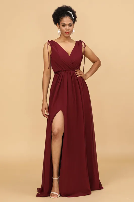 Burgundy V-Neck Ruched Long Chiffon Bridesmaid Dress sold by Wedtrend