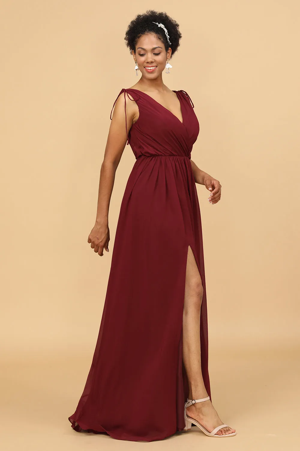 Burgundy V-Neck Ruched Long Chiffon Bridesmaid Dress sold by Wedtrend product image thumbnail 5