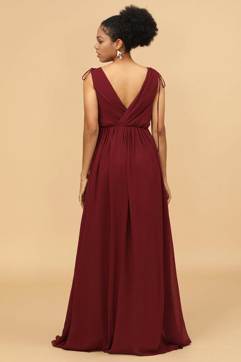 Burgundy V-Neck Ruched Long Chiffon Bridesmaid Dress sold by Wedtrend product image thumbnail 2