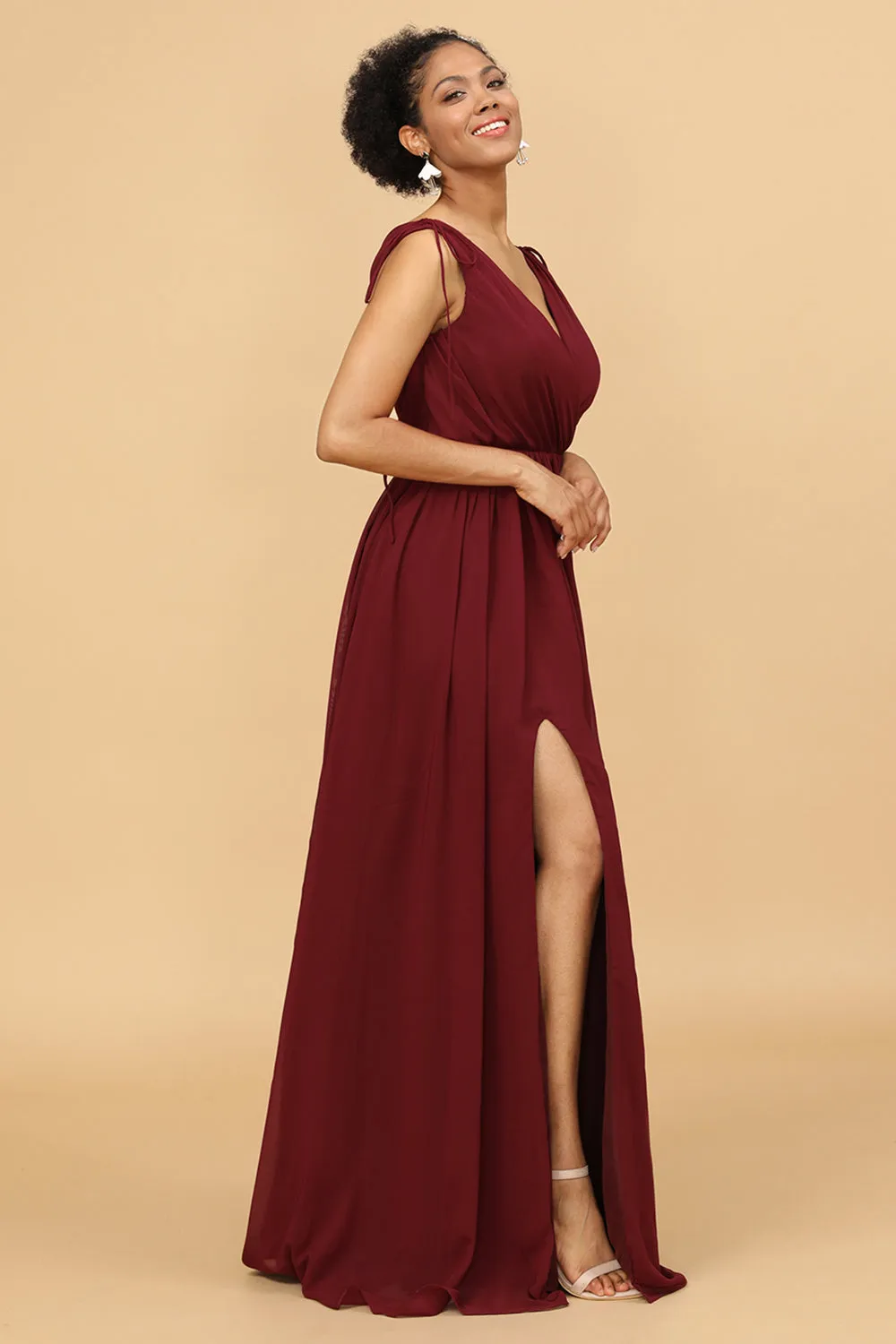 Burgundy V-Neck Ruched Long Chiffon Bridesmaid Dress sold by Wedtrend product image thumbnail 3